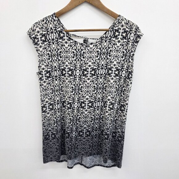 Rose & Olive Tie-Back Sleeveless Knit Top Size L Black & White Abstract Print - Picture 3 of 15